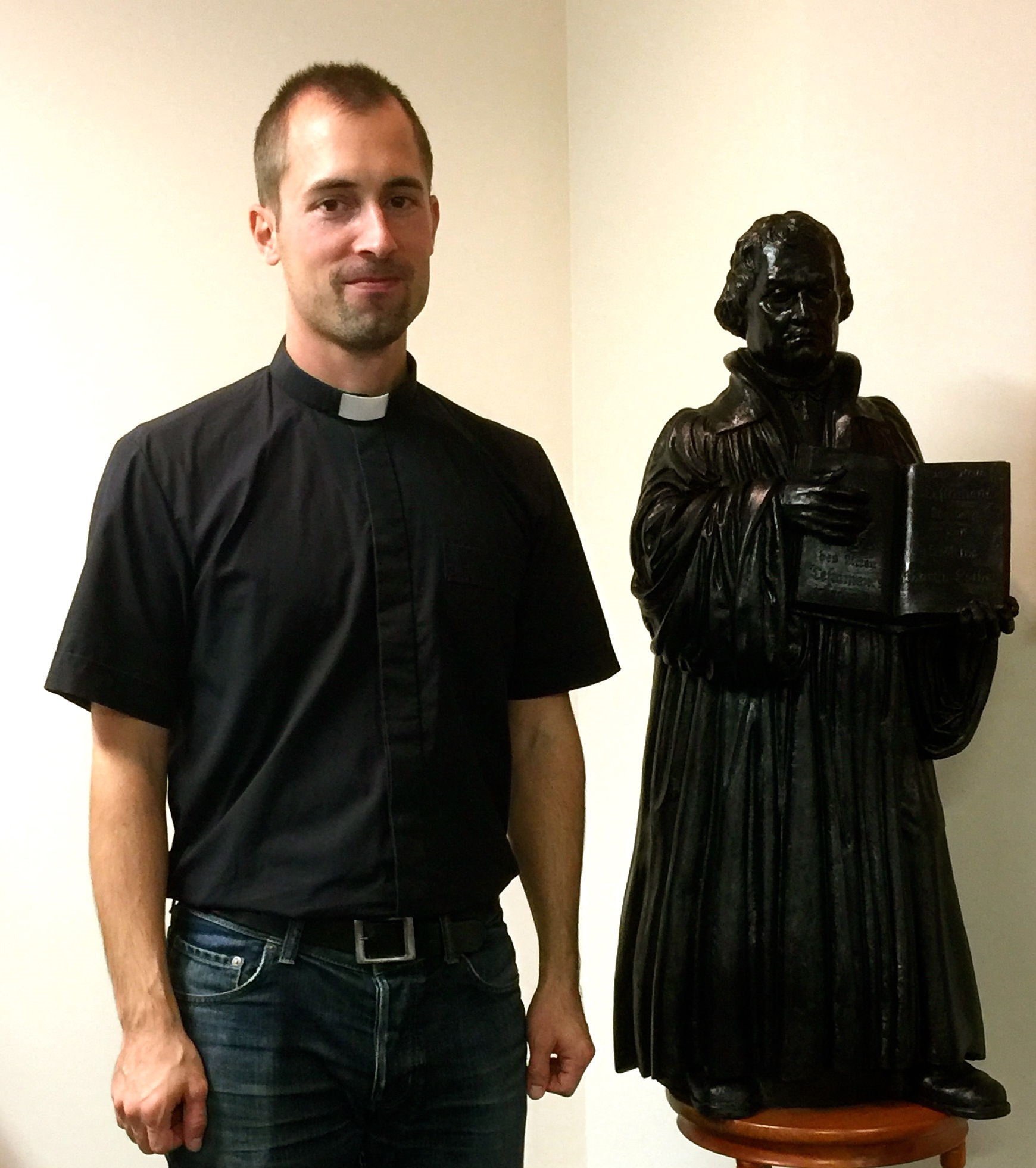 Pastor Aapo with Luther statue